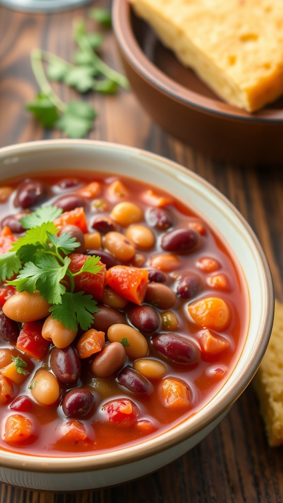 A bowl of five bean chili with cilantro and cornbread on a rustic table.